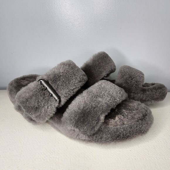 UGG Women's Fuzz Yeah Slide Slippers Gray Fur Sandals Flat Size 10 - Picture 1 of 7